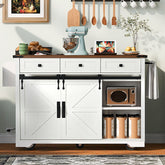 Bellemave® 53.7" Farmhouse Kitchen Island on 5 Wheels with Drop Leaf, Power Outlet, 2 Sliding Barn Door , Spice Rack - Bellemave